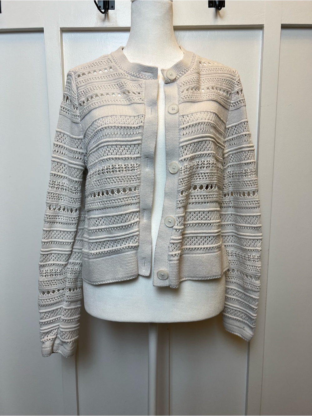 Ann Taylor Size Small White Open Knit Crochet Cardigan Button Up 100% Cotton